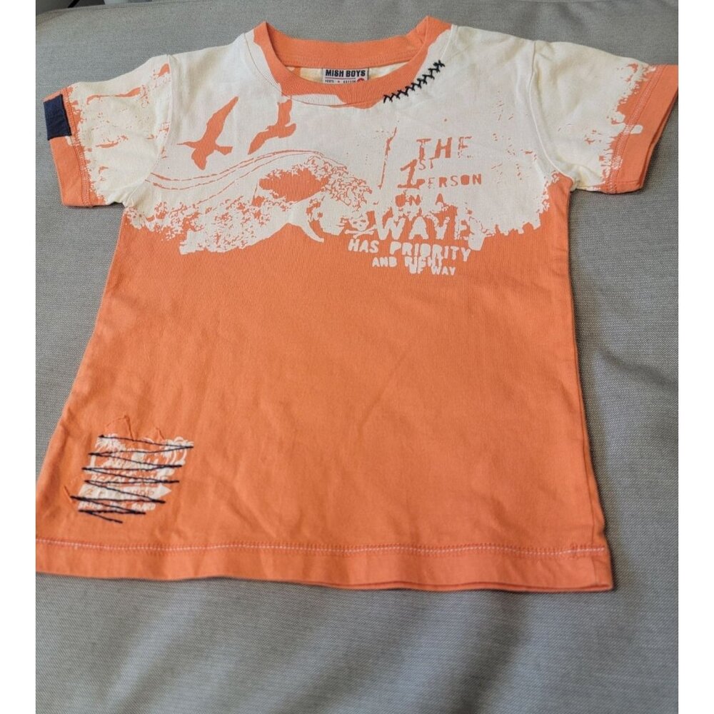 Vintage Mish Boys Orange & White Graphic T-Shirt 2T 100% Cotton Short Sleeve Tod